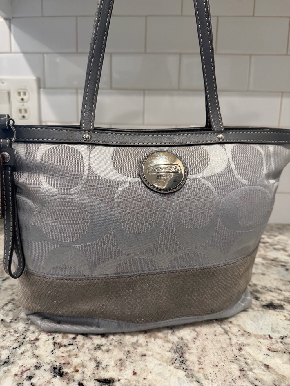 Coach Gray Signature Canvas Tote with Leather Trim